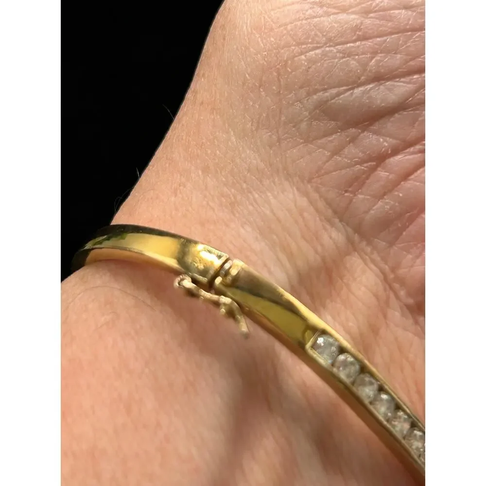 Gold Plated CZ Set Channel Bangle Bracelet 925 Sterling Hinged